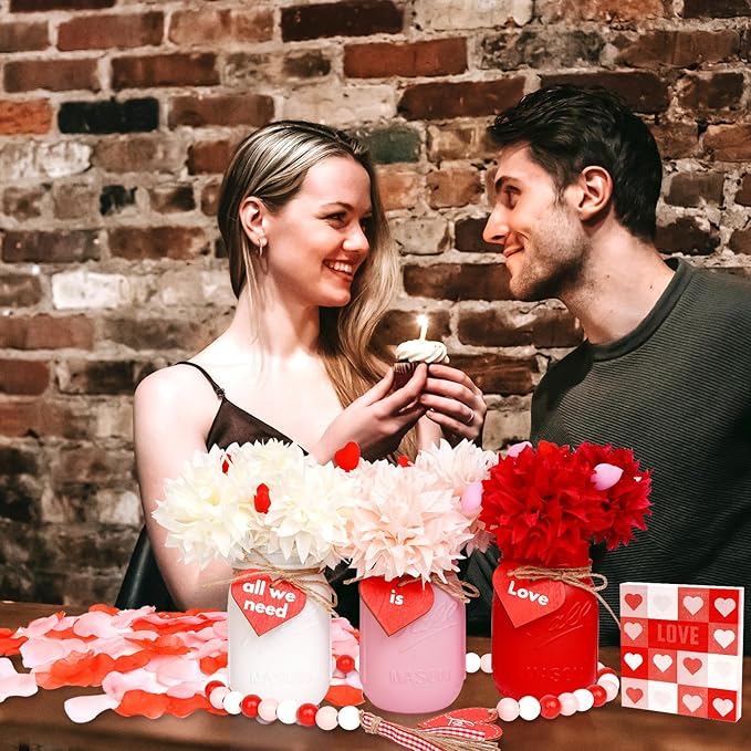 CNVOILA Valentines Table Decor, 6PC Mason Jars, Glass, Cylindrical, White, Red, Pink - Valentine's Day, Anniversary, Wedding, Farmhouse Decor