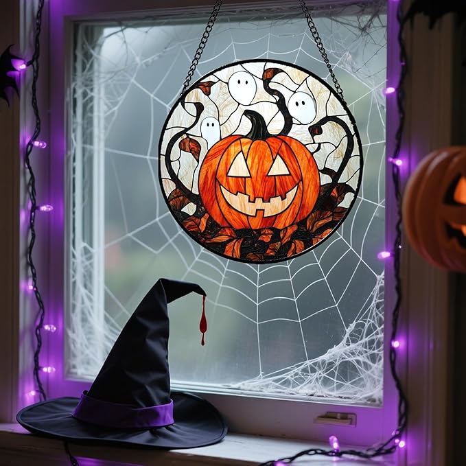 Stained Glass Window Hanging - Halloween Decorations Pumpkin Ghost Suncatcher for Doors Garden Indoor Spooky Funny Orange Sun Catchers Gothic Decor Horror Gifts for Women Men Friend 15 in