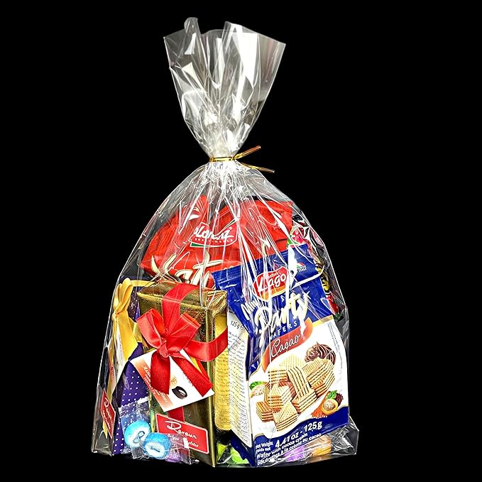 PigPotParty 12"x 16", 50Pcs Bottom Gusset Bags, Clear Plastic Cellophane Gift Mug Treat Goodie Bags with 50x Twist Ties, Large Party Favor Packaging, Toy Wrapping (No Side Gusset)