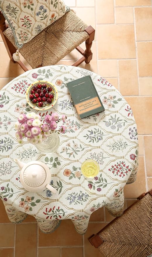 ISAENNE Designer Linen Round Tablecloth,Western Colorful Floral Indoor Table Cloth,Wrinkle Resistant Decor Tablecloths for Dining Thanksgiving Kitchen Christmas,Diameter 67"-Serenity B