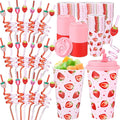 Yungyan 36 Sets Strawberry Party Favors Goodie Cups with Lids and Straws for Birthday Decorations Reusable 16oz Plastic Candy Cups Plastic Straws for Birthday Party (Strawberry)