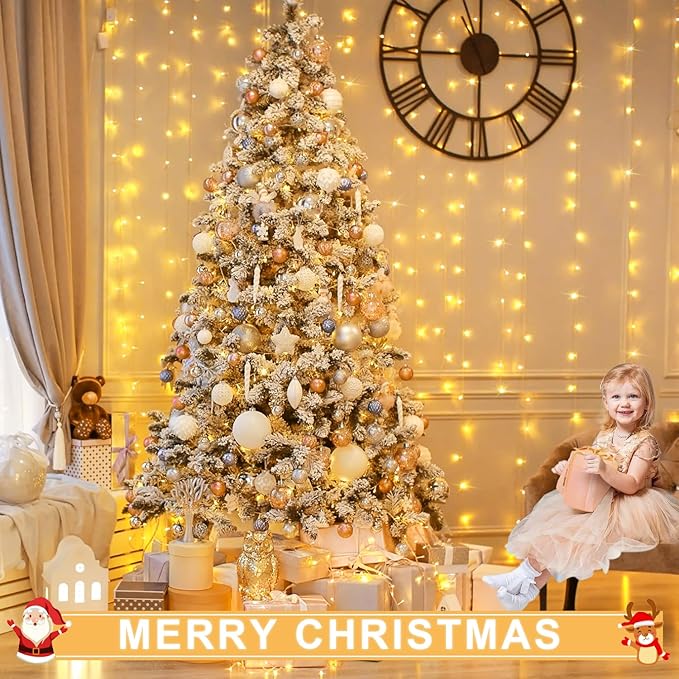 JMEXSUSS 300 LED Remote Control Christmas Curtain Lights, Plug in Fairy Curtain Lights Outdoor, Window Wall Hanging String Lights for Bedroom Backdrop Wedding Party Indoor Patio Xmas Decor, Warm White