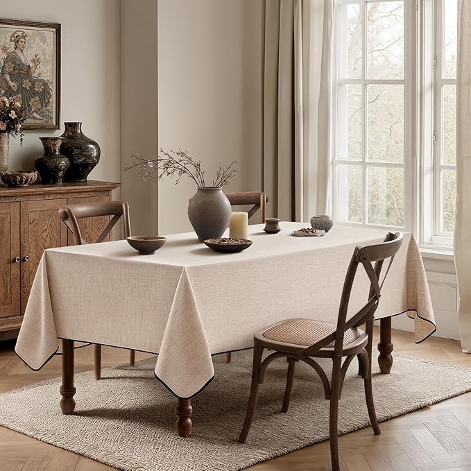 MIULEE Ivory-Black Linen Tablecloth 60x84 Inch Rectangle Table Cloth Waterproof,Stain Resistant & Wrinkle Resistant for Dining Party Wedding