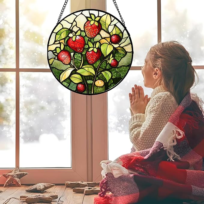 Stained Glass Window Hanging - Red Strawberry Suncatcher for Doors Window Home Green Plant Sun Catchers Decor Christmas Mother's Day Birthday Gifts for Teacher Women Men Mom Nana 9.8 in