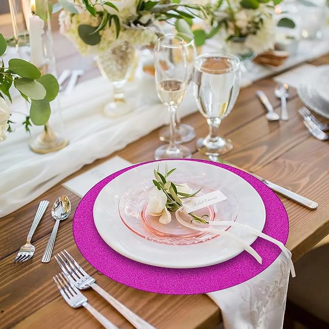 50 Pieces Hot Pink Glitter Paper Place Mats Sparkle 14'' Round Disposable Table Mats Hot Pink Doilies for Wedding Banquet Birthday Party Home Dining Table Decor