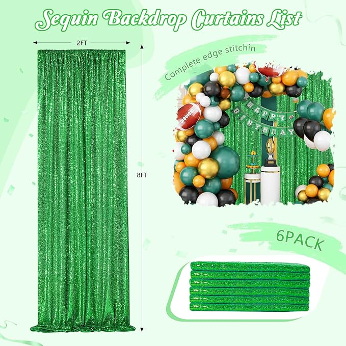 Sequin Backdrop Curtains 6 Packs 2ftx8ft Green Photo Background Drapes for Christmas Decoration Party Baby Shower