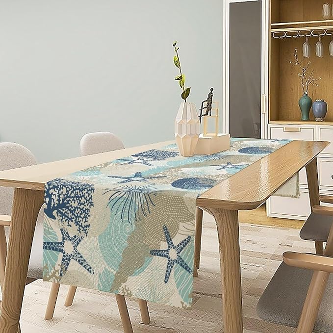 Nautical Coastal Table Runner，Ocean Themed Starfish Coral Conch Beach Kitchen Dinning Table Decoration for Indoor Outdoor Home Party Decor 13x60 Inch