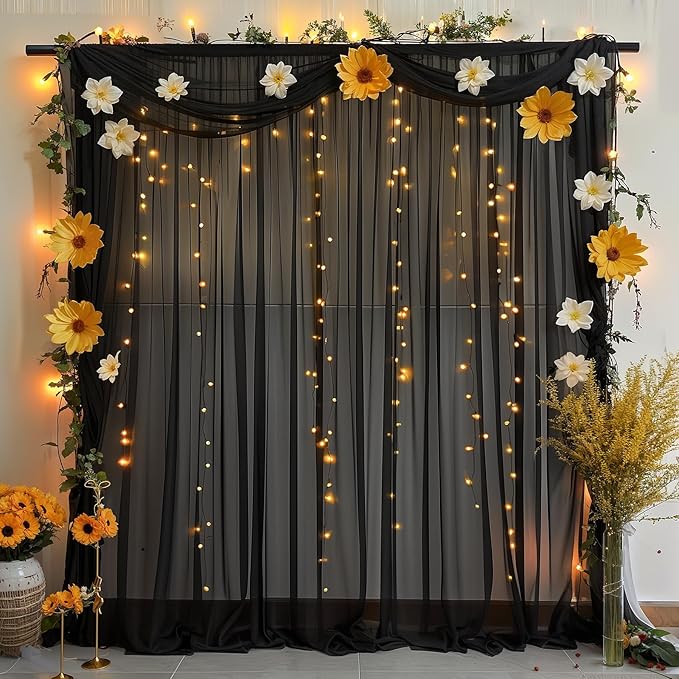 10ft x 10ft Black Backdrop Curtains, Wrinkle-Free Sheer Chiffon Fabric Photo Background Drapes for Wedding Arch Party Ceremony Stage Photography Decorations