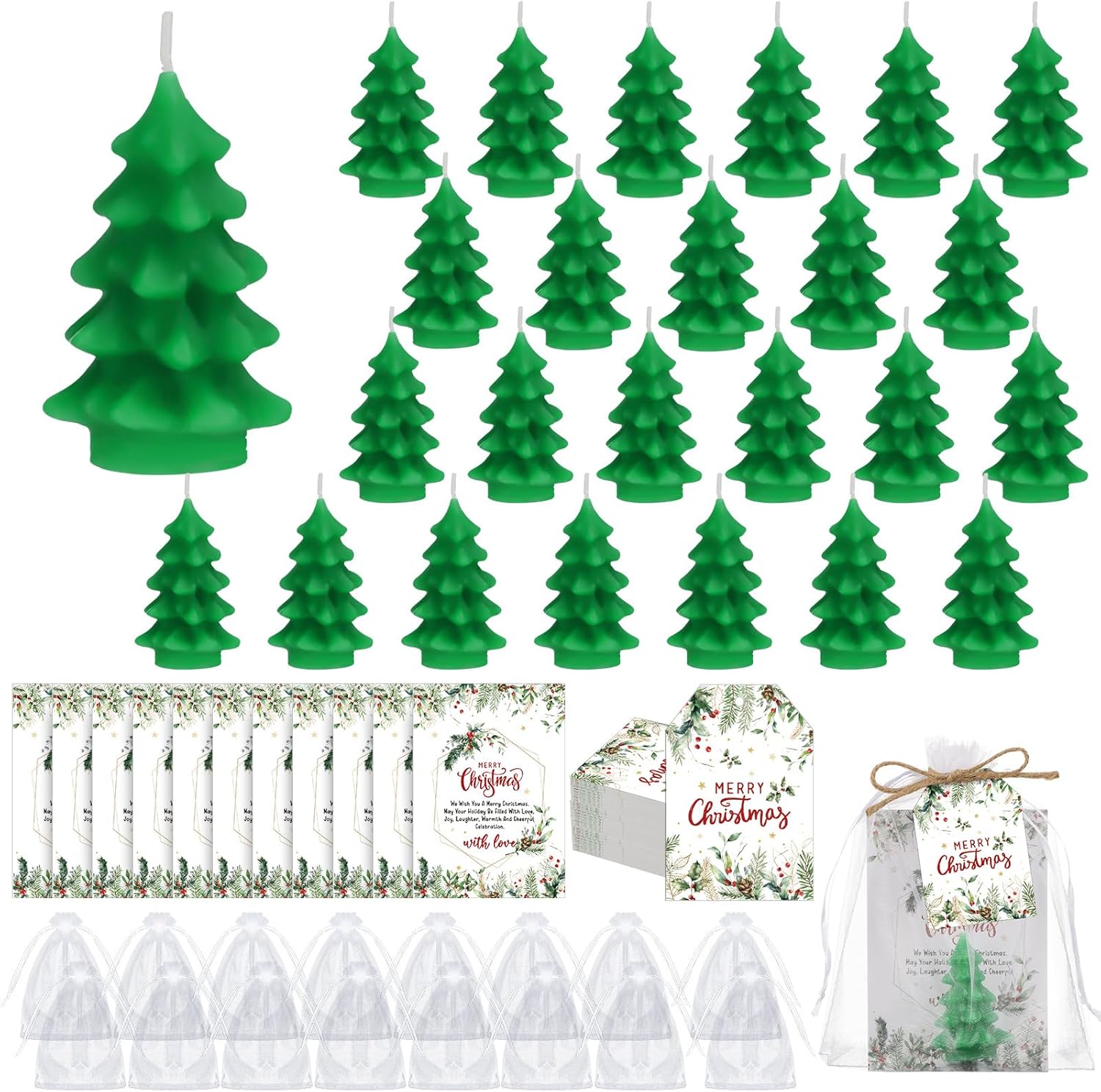 Conelist 24 Sets Christmas Party Favors Christmas Tree Soy Wax Candles with Organza Bag and Cards Bulk Portable Party Favors Xmas Gifts for Guest Celebration Supplies Decor