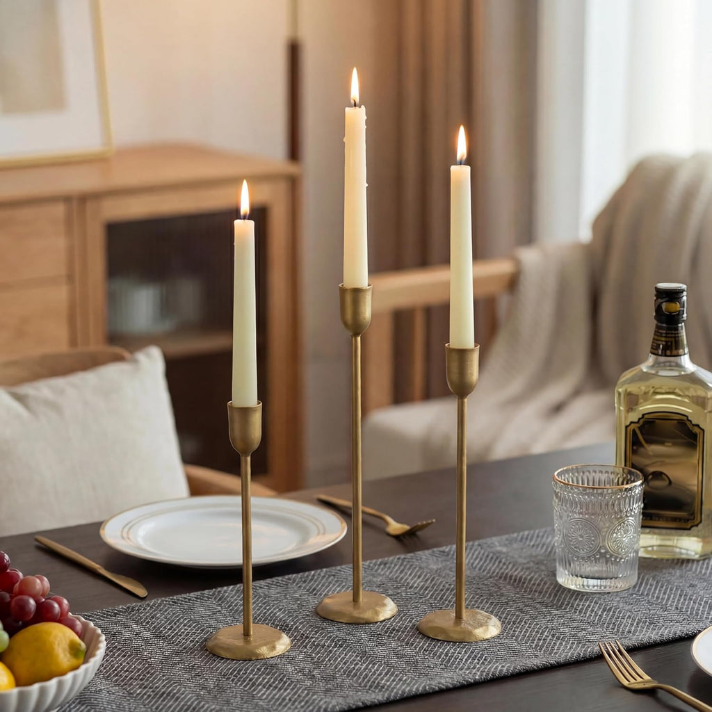 Perfnique Brass Candlestick Holders Set of 3 - Antique Gold Iron Candle Holders for Christmas, Birthday, Wedding, Party, Dining Table, Fireplace Mantel Decor