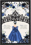 50Pcs Navy Blue Crown Invitations for Quinceanera, 15 year, Sweet 16, Miss XV, Birthday Laser Cut Quince Invitation Cards Personalized Pearlized Black