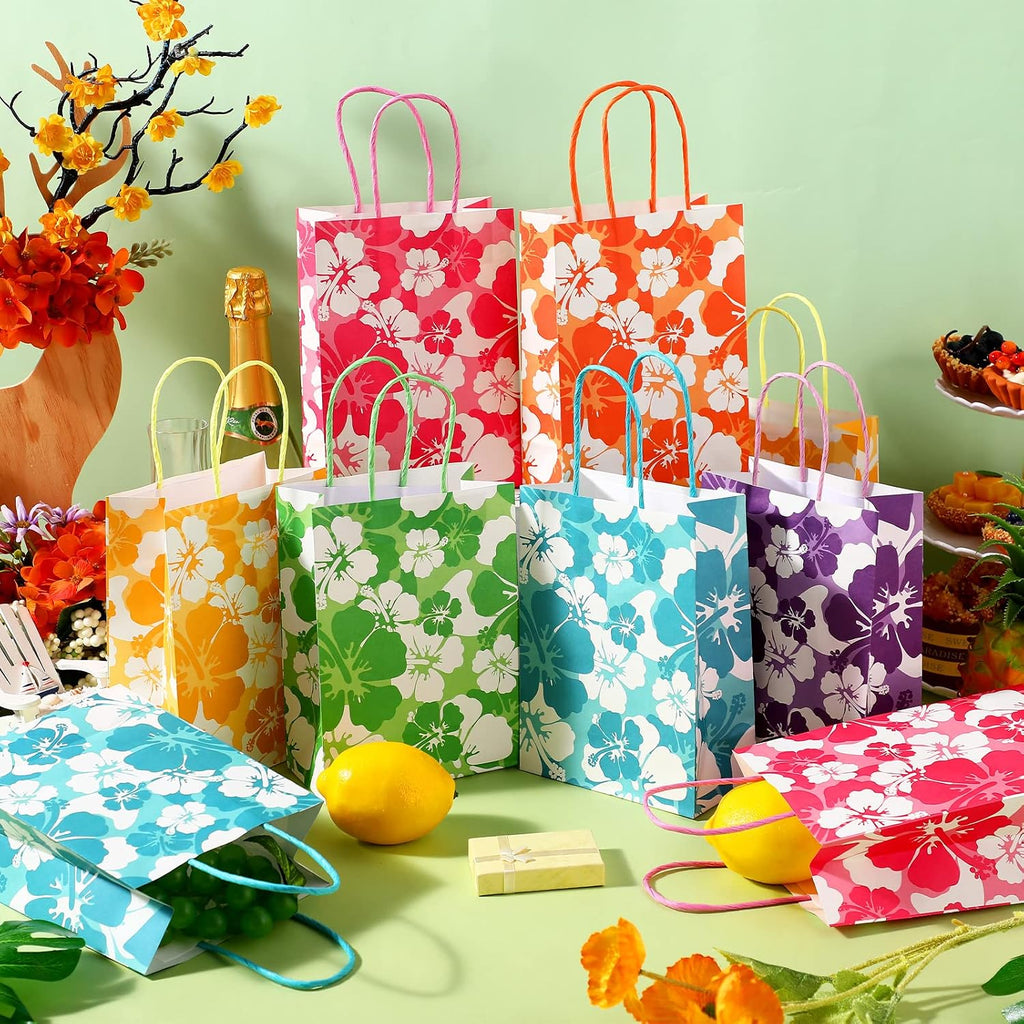 Teling 36 Pcs Hibiscus Party Favor Hawaiian Themed Paper Bags with Handles Summer Tropical Gift Tiki Luau Treat Hawaii Goodie Bags Kids Birthday Party Supplies Multicolor 8.3 x 6 x 3