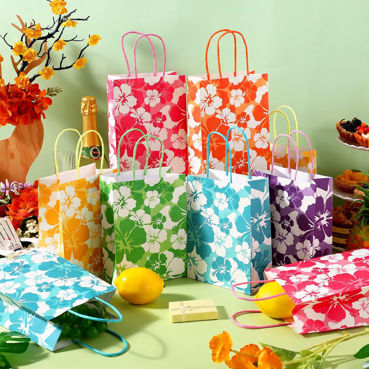 Teling 36 Pcs Hibiscus Party Favor Hawaiian Themed Paper Bags with Handles Summer Tropical Gift Tiki Luau Treat Hawaii Goodie Bags Kids Birthday Party Supplies Multicolor 8.3 x 6 x 3