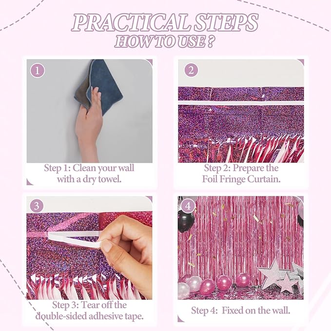 3 Pack Foil Fringe Backdrop - Laser Pink Shiny Tinsel Curtains for Party Decoration/Photo Booth Props - 3.3x8.2 FT Metallic Foil Backdrop for Birthday, Wedding, Graduation, Christmas.