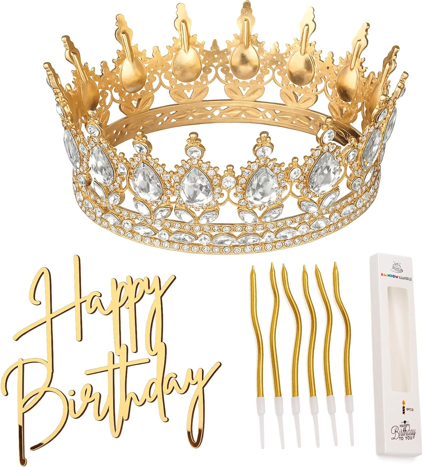 Highergo 8 Pcs Queen Crown Cake Topper Gold Rhinestone Crystal Tiara Birthday Cake Decoration for Women Princess Queen Wedding Party Photo Props