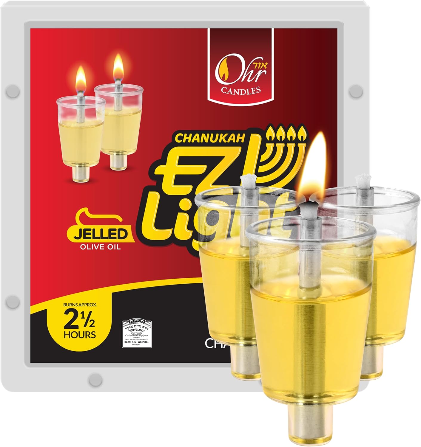 Pre-Filled Menorah Oil Cup Candles - Hanukkah Candles EZ Lights - Jelled 100% Olive Oil with Cotton Wick in Plastic Cup - Medium Size, 44 Pack, Burns 2.5 Hrs