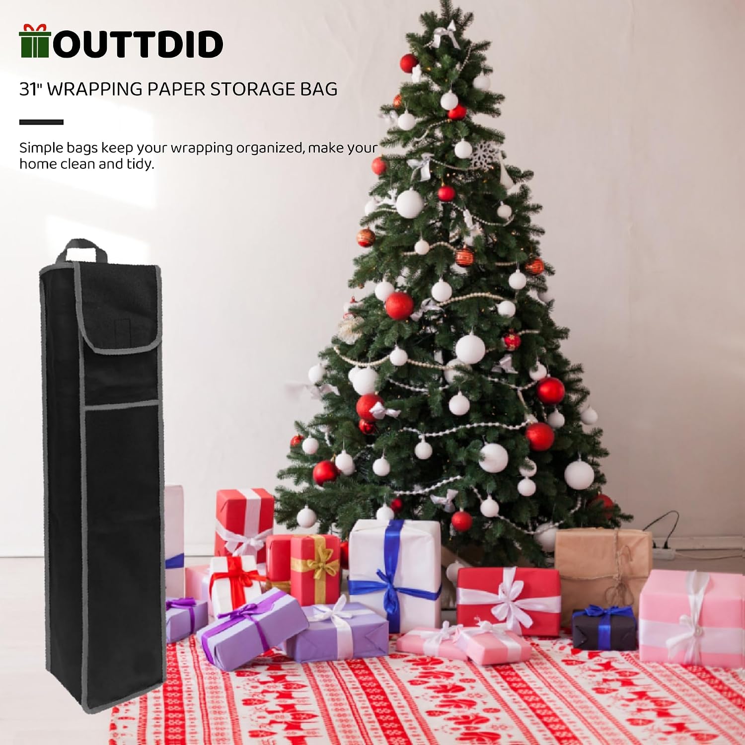 OUTTDID Wrapping Paper Storage Bag 31", Gift Wrapping Paper Organizer Storage Containers with Pocket for Crafts Poster Tools, Christmas Wrap Paper Holder fits for 9 Standard Rolls, Black
