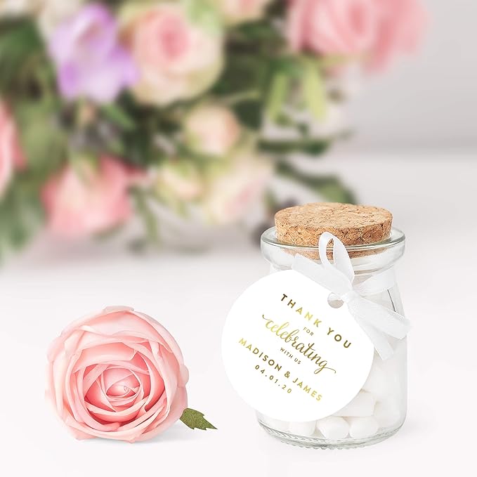 Andaz Press Personalized Round Circle Wedding Gift Tags, Metallic Gold Ink, Thank You for Celebrating with US, 24-Pack, Custom Made Any Name, Baby Bridal Shower, Baptism, Graduation, Business