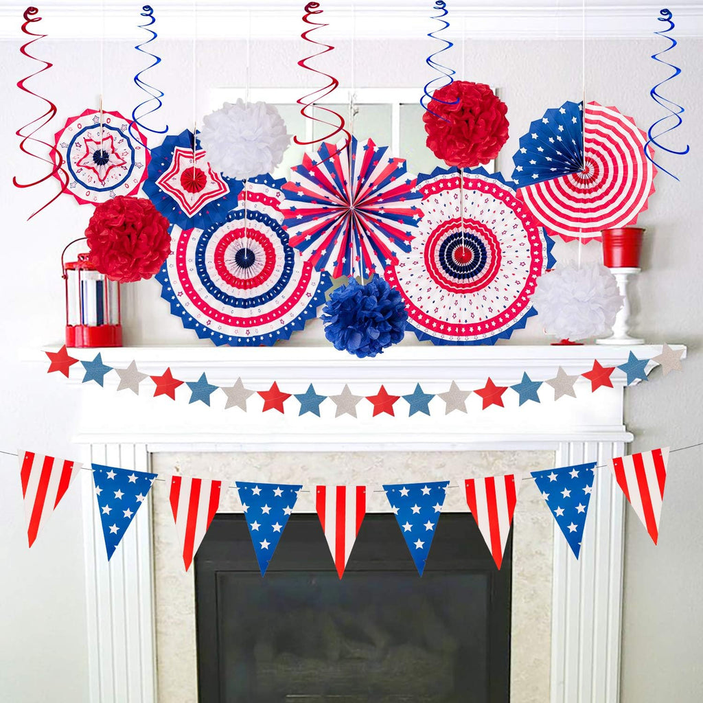 29PCS 4th/Fourth of July Patriotic Decorations Set | 250th Anniversary,Red White Blue Paper Fans,USA Flag Pennant,Star Streamer,Pom Poms,Hanging Swirls,Party Decor Supplies