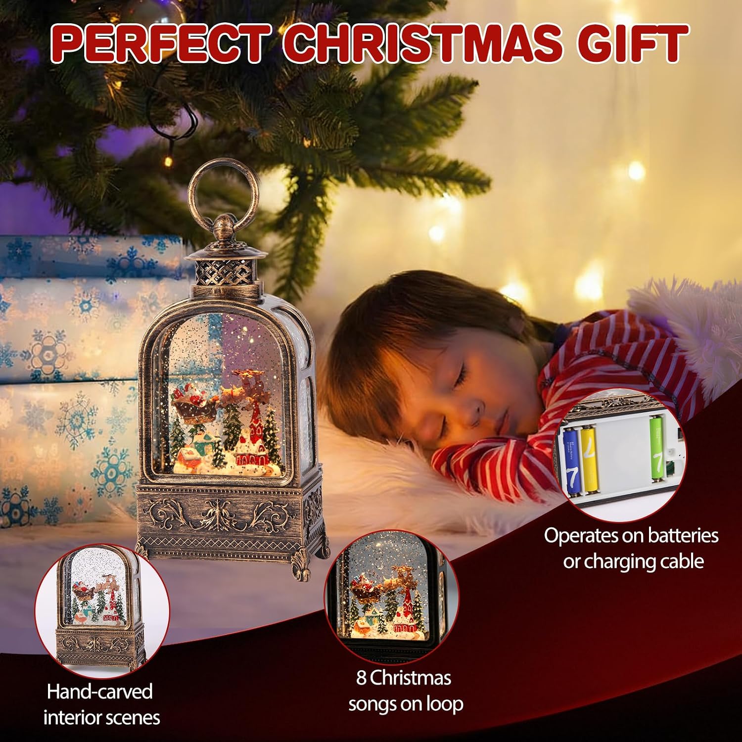 Village Snow Globe Christmas, 10.2 Musical Snow Globe Lantern Lights with 6H Timer Battery & USB Powered, Retro Style Holiday Glitter Snow Globes for Xmas Home Decoration Indoor Party Gifts