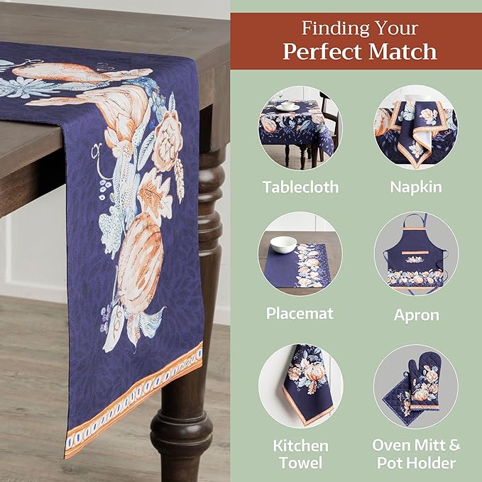 Maison d' Hermine Table Runner 100% Cotton Single Layer Table Runners 108 inches Long for Thanksgiving Christmas Decorations Home Kitchen Dining Party Wedding (Pumpkin Blues, 14.5" x 108")