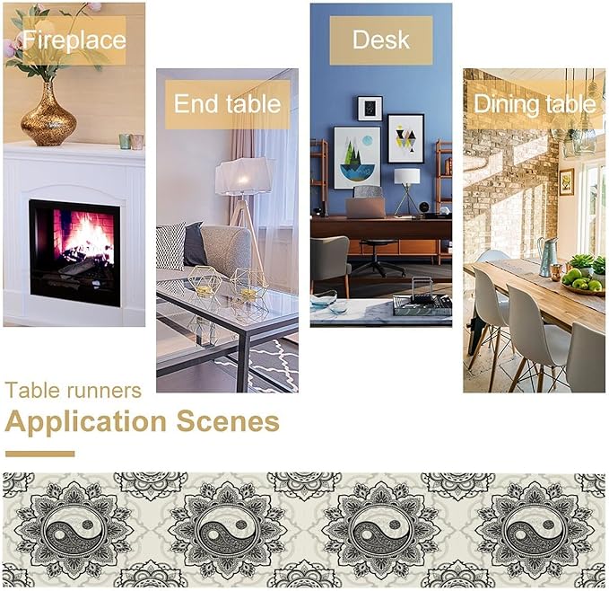 Yin Yang Table Runner, Bohemian Mandala Vintage Black White Traditional Oriental Floral Print Table Runner for Home Kitchen Dining Table Wedding Party Decor, 13x70inch