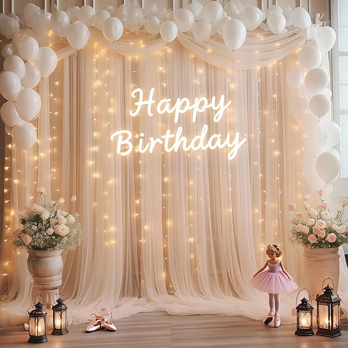 10×10ft Champagne Tulle Backdrop Curtain with Lights String for Parites, Sheer Photo Curtain Backdrop Drapes for Wedding Party Photography Backgrounds