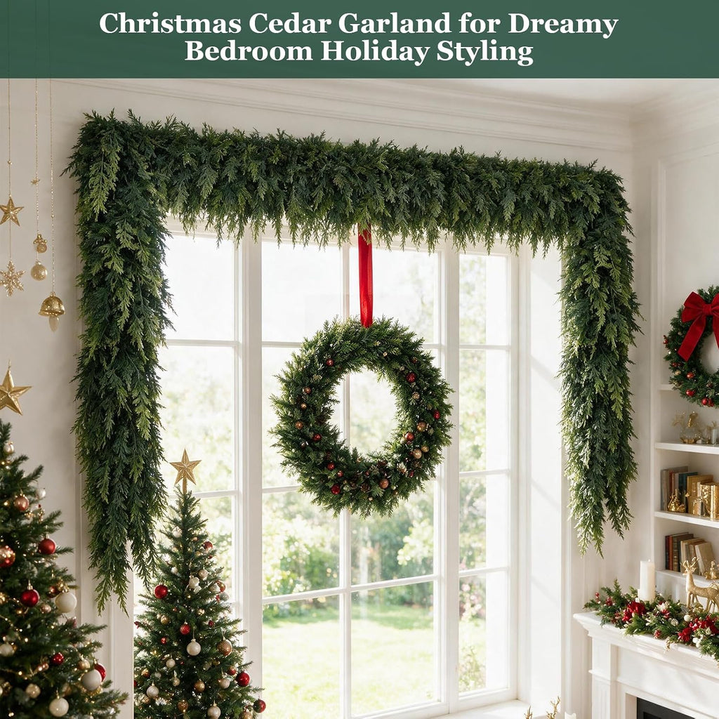 9ft christmas cedar garland, realistic artificial pine greenery, side view