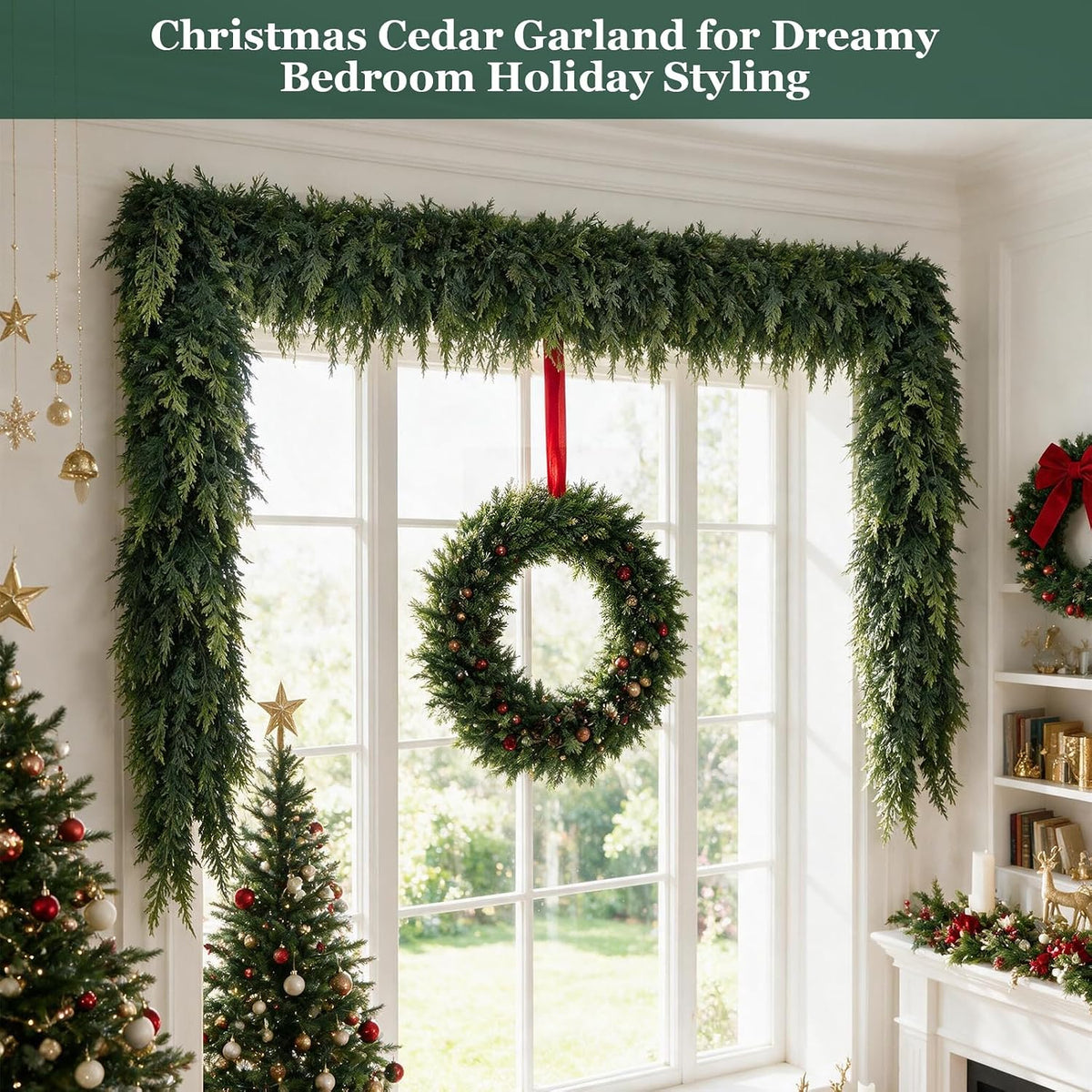9ft christmas cedar garland, realistic artificial pine greenery, side view