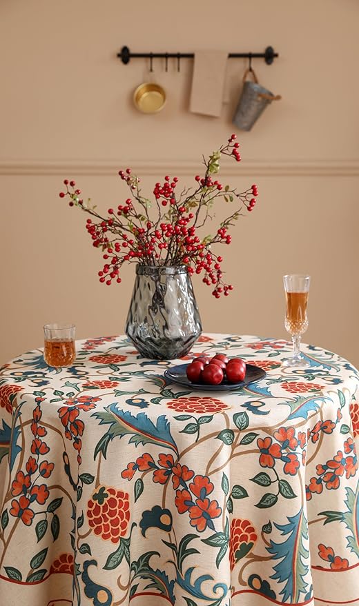 patdrea Designer Linen Round Table Cloth,Durable Breathable Floral Dacorative Tablecloth,Decor Tables Covers for Kitchen Dining,Tea Party,Holiday,Christmas,Thanksgiving,Diameter 55"-Puno