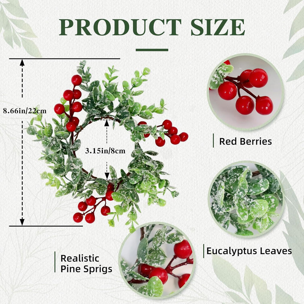 4 Pcs Christmas Candle Rings Wreath Red Berries with Eucalyptus Leaves 3.15inch, Snowy Small Wreath Candle Ring Holder for Pillars, Christmas Home Kitchen Cabinet Table Centerpieces Decor