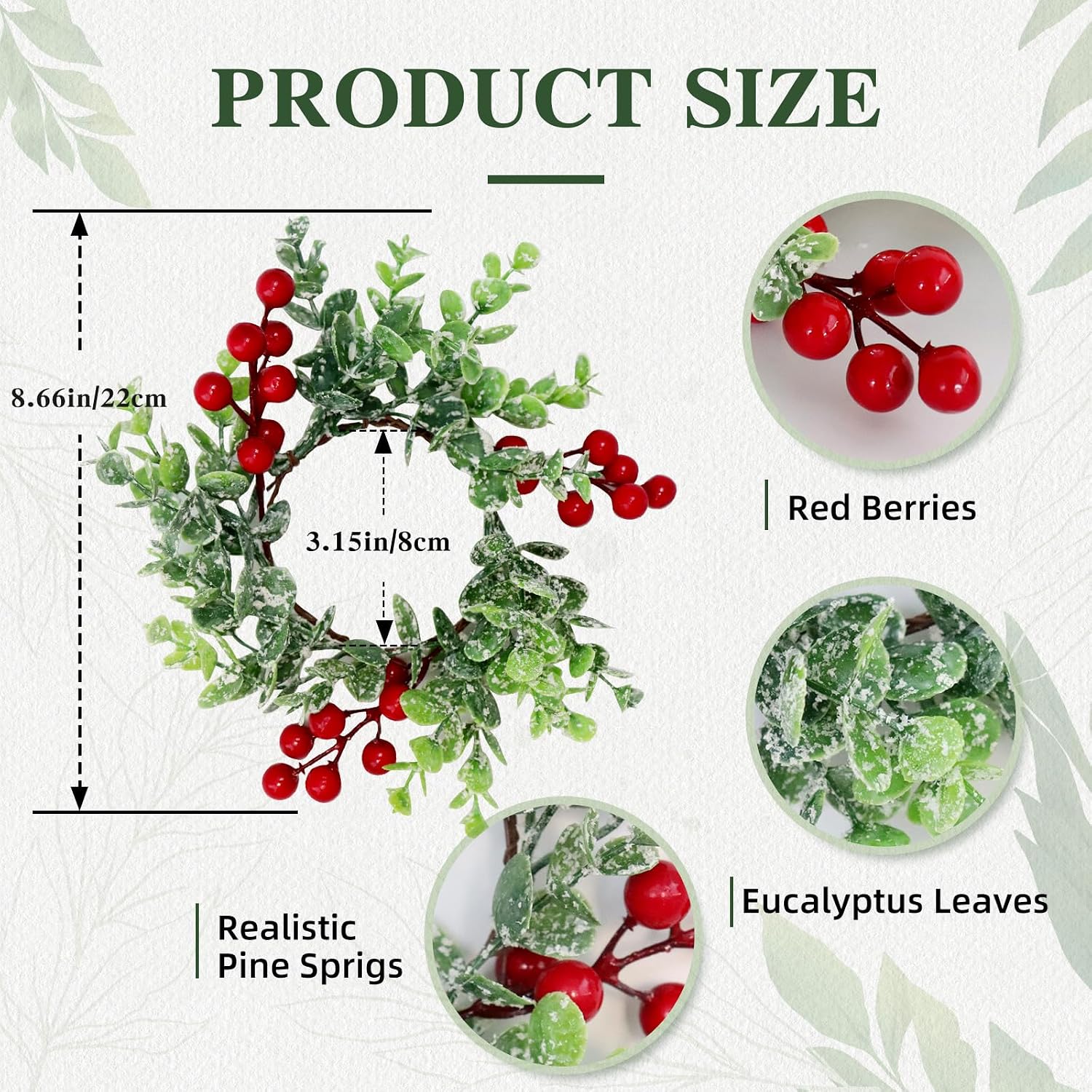 4 Pcs Christmas Candle Rings Wreath Red Berries with Eucalyptus Leaves 3.15inch, Snowy Small Wreath Candle Ring Holder for Pillars, Christmas Home Kitchen Cabinet Table Centerpieces Decor