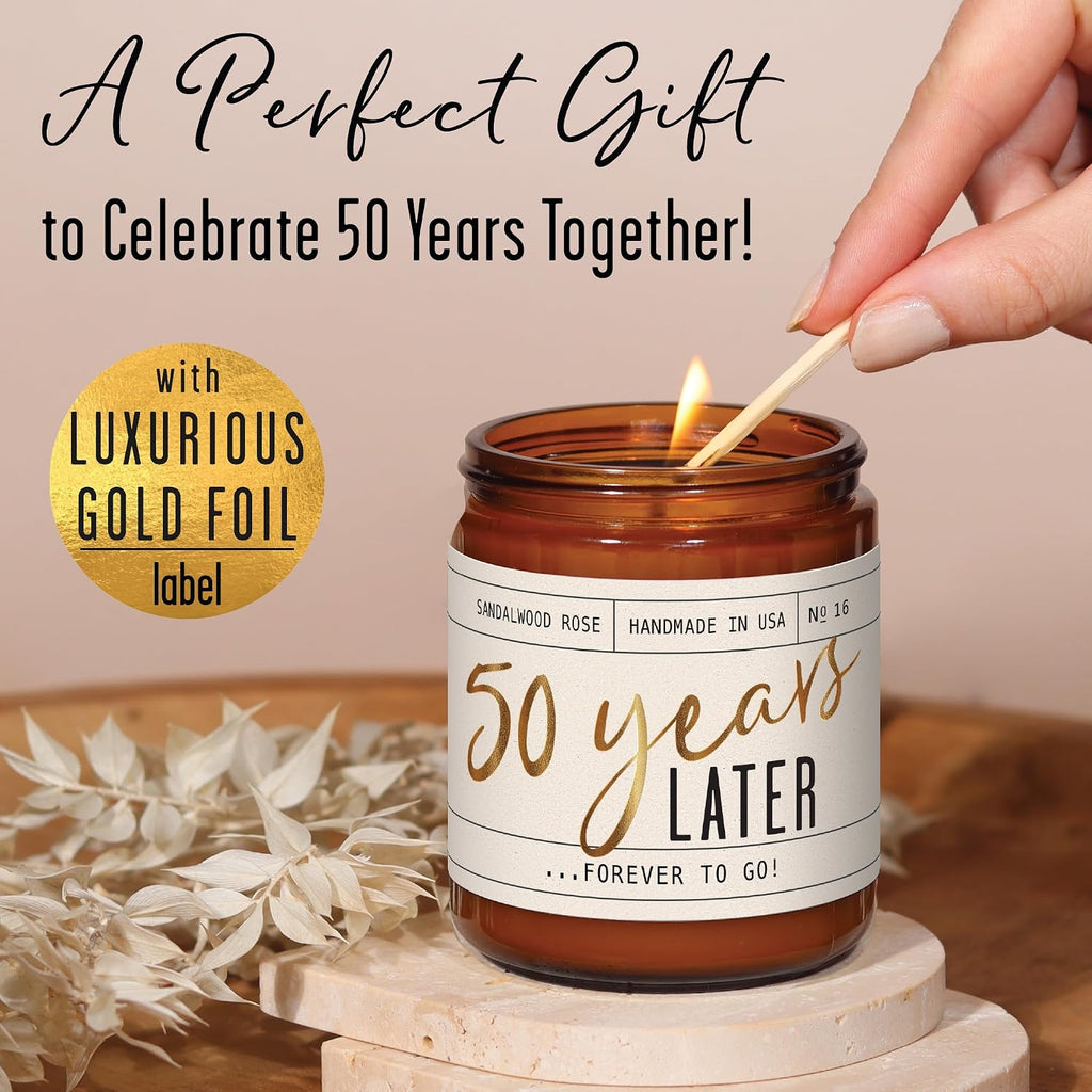 50th Wedding Anniversary Gifts, 50th Anniversary Gifts for Couple - '50 Year Later' Candle, w/Sandalwood Rose - infused w/Essential Oils I 50 Year Anniversary Gifts for Wife I 50Hour Burn I USA Made