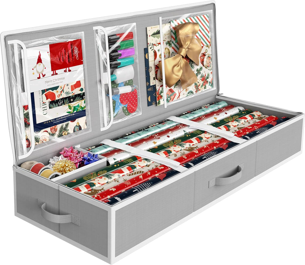 Simple Houseware 41.5" Wrapping Paper Storage Organizer - Fits 40 Rolls with Adjustable Straps, Interior Divider for Ribbons & Bows, 3 Clear Pockets for Gift Bags & Tools, 41.5''L x 16''W, Gray