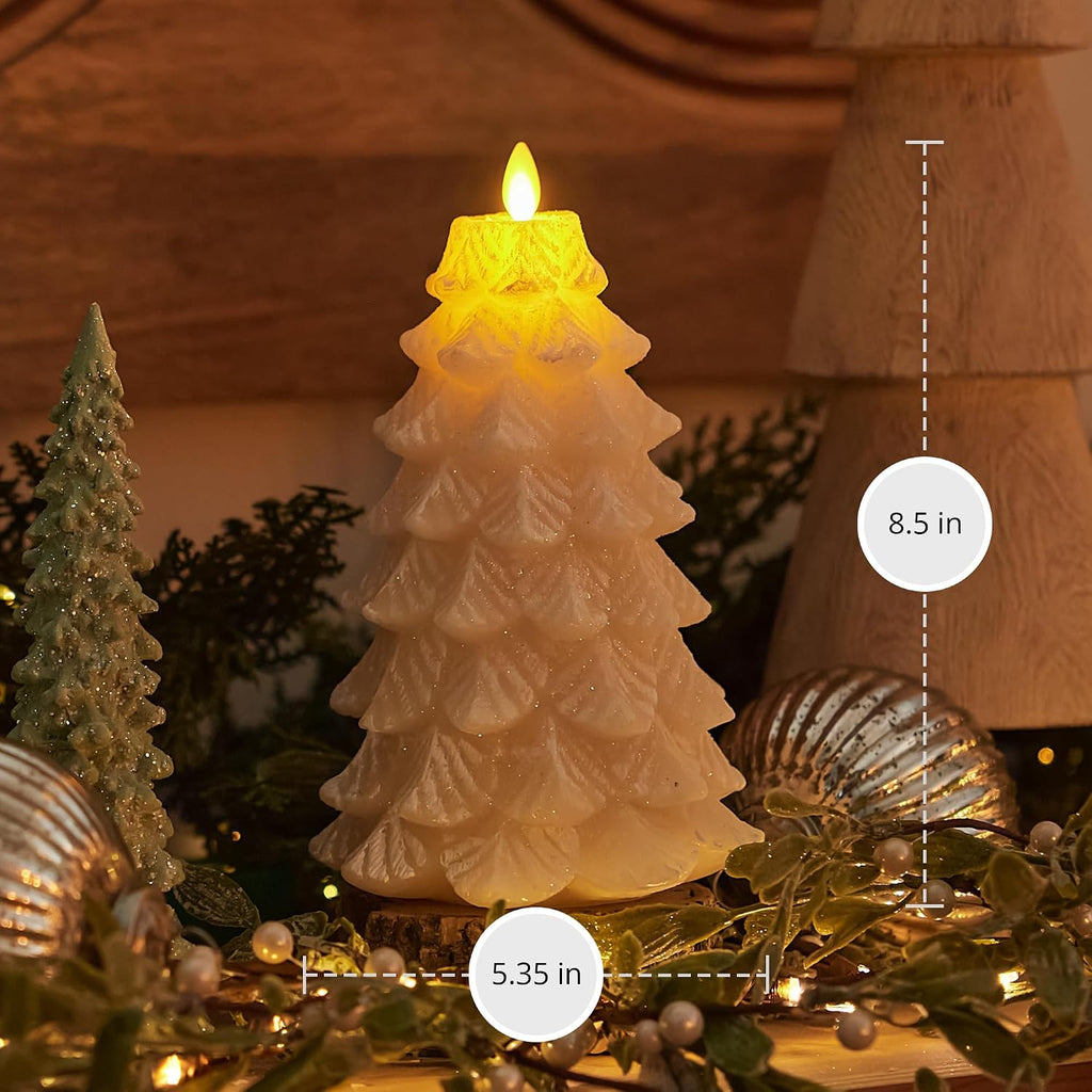 Luminara Christmas Tree Flameless LED Candle, White Swan 5.35" x 8.5", Moving Flame Battery Operated Timer, Holiday Decor, Glitter Snow Finish Safe