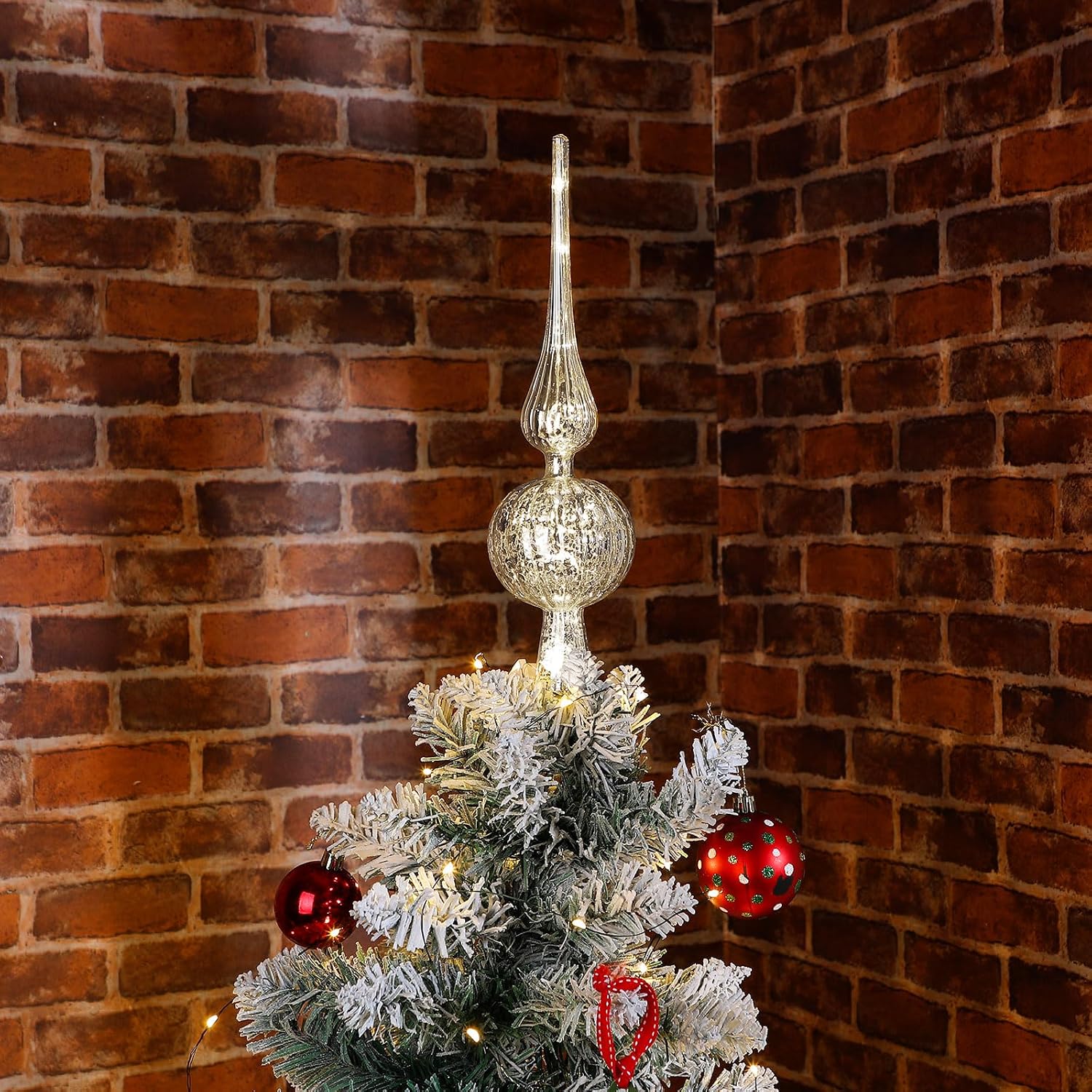 Gejoy Mercury Glass Finial Christmas Tree Topper 12 Inches Vintage Spherical Xmas Tree Topper Mid Century Christmas Ornament for Home Xmas Holiday Party Decorations(Sliver)