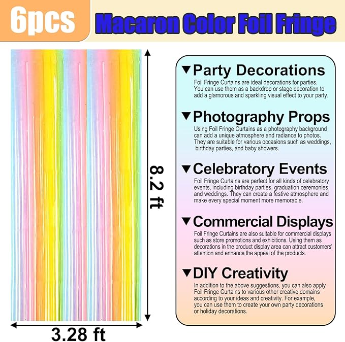 6 Pack Rainbow Foil Fringe Curtain Backdrop, 3.28Ft x 8.2Ft Metallic Tinsel Foil Fringe Streamer Curtains for Photo Booth, Birthday, Wedding, New Year Party Decorations
