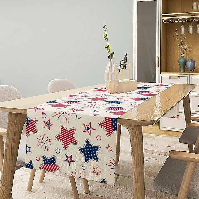 4th of July Table Runner, American Patriotic Independence Day Red Blue White Stars Stripes Fireworks Print Table Runner for Home Party Decor Kitchen Dining Table, 13x90inch