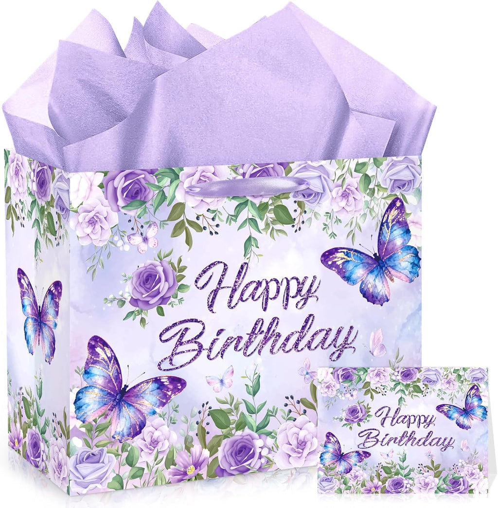 LUUFILx Butterfly Birthday Gift Bag for Girls Women Butterfly Flower Party Favor Bags with Wrapping Paper Card Purple Pink Floral Gift Bag for Baby Shower Birthday Decorations Party Supplies (Floral)