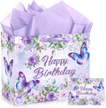 LUUFILx Butterfly Birthday Gift Bag for Girls Women Butterfly Flower Party Favor Bags with Wrapping Paper Card Purple Pink Floral Gift Bag for Baby Shower Birthday Decorations Party Supplies (Floral)