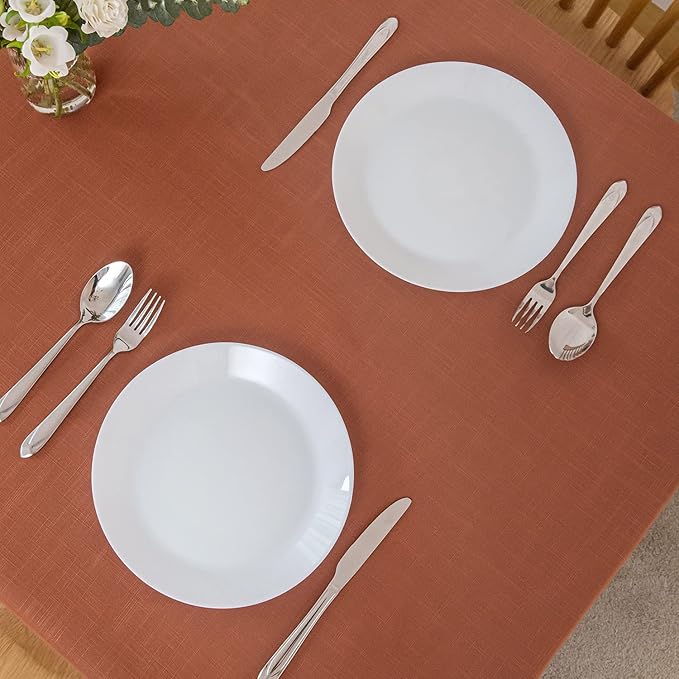 maxmill Lux Faux Linen Tablecloth with Slubby Yarn Textured Weaves Wrinkle Free Soft Table Cloth for Kitchen Dining Tabletop for Fall Harvest Thanksgiving Decorations Rectangle 60 x 84 Inch Rust