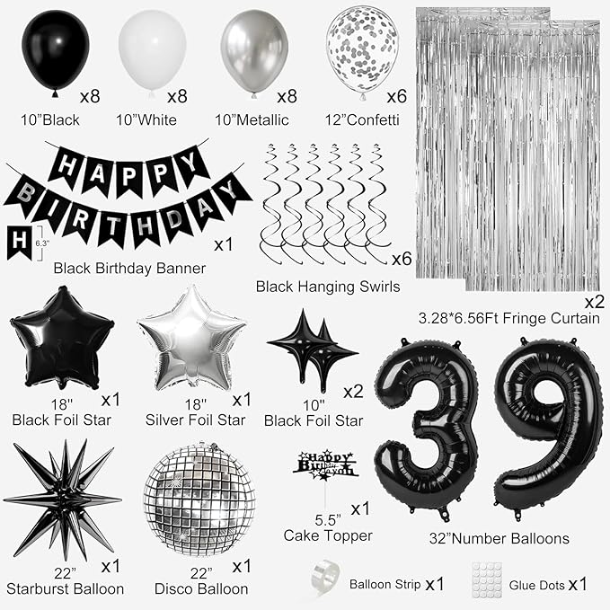 39th Birthday Decorations for Men Women, Black Silver Happy Birthday Party Decorations， 39 Year Old Party Supplies with Number 39 Balloons, Banner, Fringe Curtains Kit