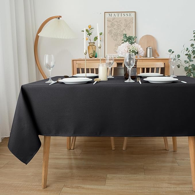 Biscaynebay Textured Fabric Tablecloths 70x120 Inches Rectangular, Black Water Resistant Spill Proof Tablecloths for Dining, Kitchen, Wedding and Parties, Machine Washable
