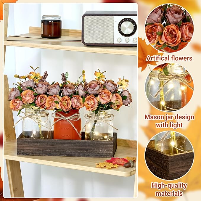 VAIPI Fall Decor Mason Jar Centerpiece Table Decorations with 3 Jar Flowers String Lights and Wooden Tray Fall Decorations for Home Dining Room Farmhouse Autumn Wedding Kitchen Living Room Bathroom