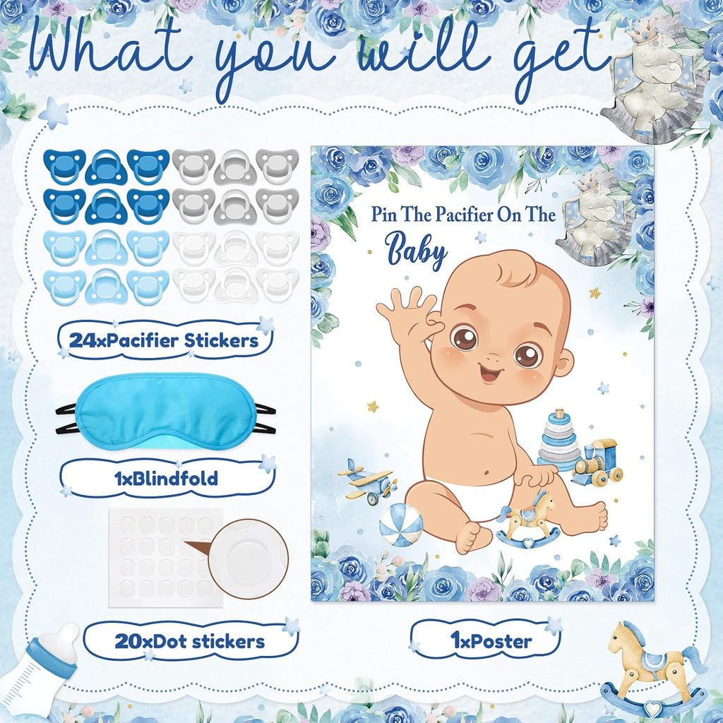 Faccito Pin The Pacifier Baby Shower Game Baby Shower Party Decorations Include Large Poster 24 Pacifier Stickers Blindfold Game Set for Birthday Party Decor Supplies(Multicolor,Elephant)