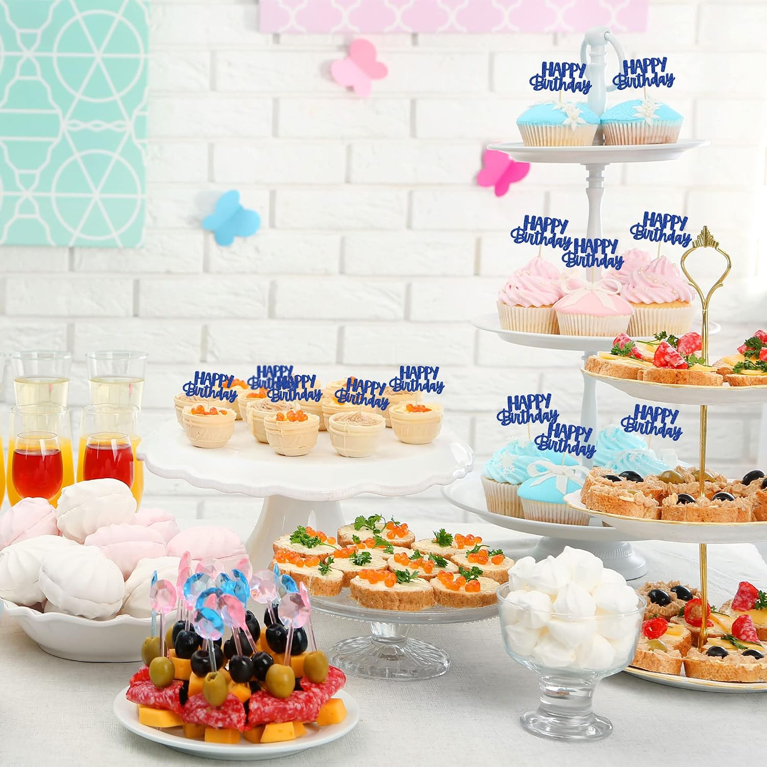 Gyufise 24Pcs Happy Birthday Cupcake Toppers Glitter Cupcake Food Picks for Celebrating Happy Birthday Theme Party Cake Decorations Supplies Deep Blue