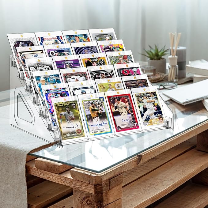 2 Pack 7 Tier Acrylic Card Display Stand, 7-tiers Versatile Display for Trading Cards,Greeting Card Display Stand,Portable Display Rack Holder for Graded Cards, PSA Cards,Sports Cards, Business Cards