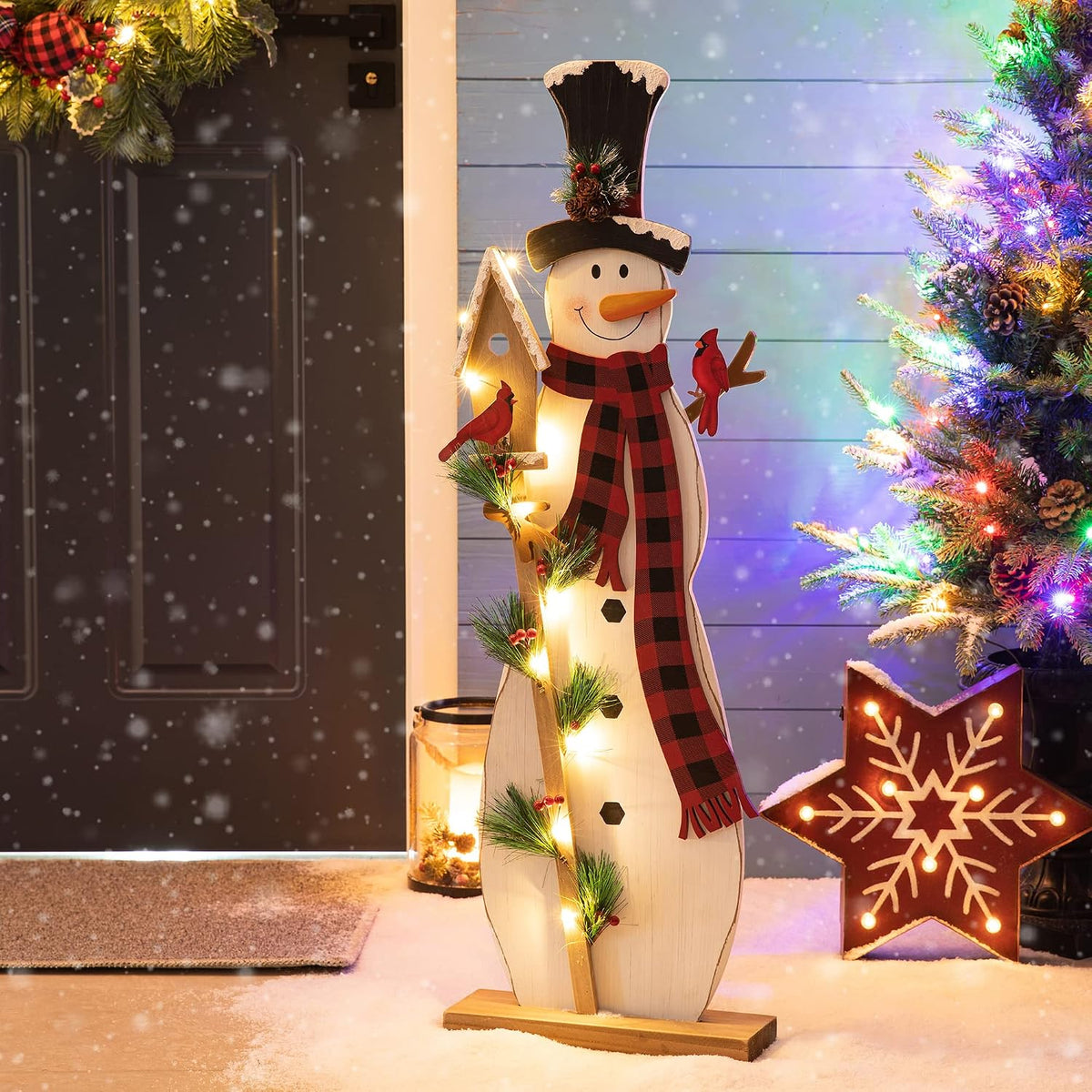 glitzhome 36"h lighted wooden snowman porch decor with, main product view