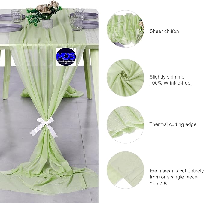 MDS 2 Pack 10ft Chiffon Table Runner 29 x 120 Inches Sheer Wedding Runner Romantic Rustic Table Runner for Wedding Decorations, Birthday Parties, Bridal Shower Party Arch Decor - Sage Green