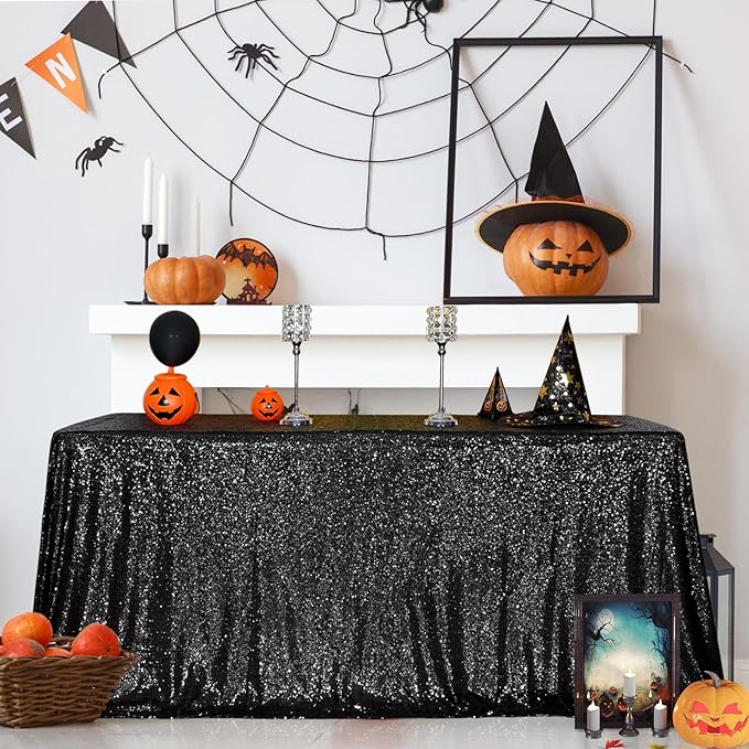 SquarePie Sequin Tablecloth 50 x 72 Inch Black Sparkly Table Cloth for Halloween Wedding Party